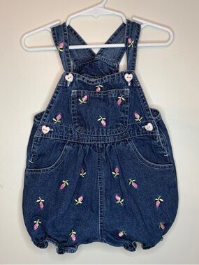 VTG Y2K Baby Girl Floral Embroidered Cotton Bubble Romper Overalls 18 Mo